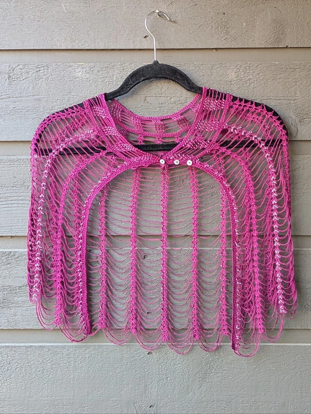 Handmade Magenta Pink Beaded Crochet Scalloped Capelet Bolero One Size